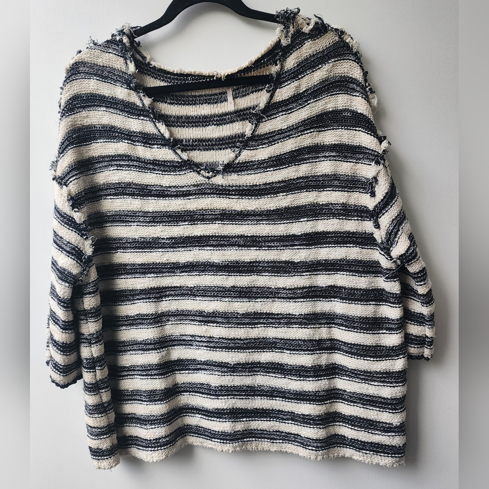 Free People Spells Trouble Striped Black Ivory‎ VNeck Sweater Nautical Frayed M